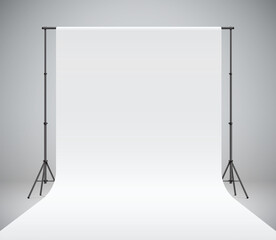 White photo studio backdrop, realistic vector illustration. Photography polyester background hanging on black stands. Professional photo shooting setup standing on a grey background.
