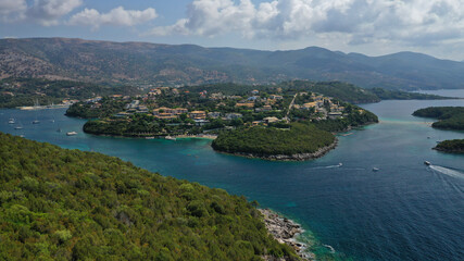 Aerial drone photo of iconic Sivota complex islands consisting of Mourtos island, Mourtemeno and Agios Nikolaos with turquoise clear sandy beaches and popular resorts, Thesprotia, Epirus, Greece