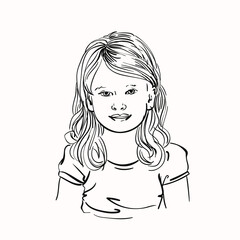 Portrait of little girl with long hair, Vector sketch, Hand drawn linear illustration