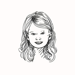 Head of little girl with long hair, Vector sketch, Hand drawn illustration