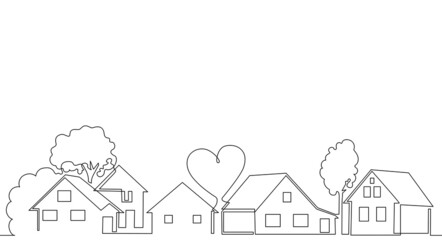 Horizontal Pattern with Houses, trees, Heart and empty space for text. One line drawing style. Vector illustration. Can be yoused as element for background, cover, banner, flyer, social media. © Ірина 
