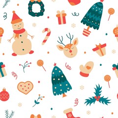 Winter Christmas seamless pattern. Snowman, Christmas tree, gifts and toys.