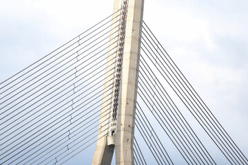 Close-up details of Latvia capital city Riga main large suspension bridge.