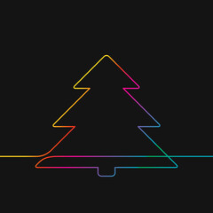 One line drawing of christmas tree, Rainbow colors on black background vector minimalistic linear illustration made of continuous line