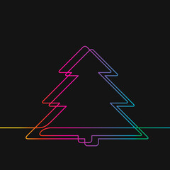 One line drawing of christmas tree, Rainbow colors on black background vector minimalistic linear illustration made of continuous line
