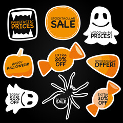 Halloween sale offer vector graphic. Sticker clipart set with word play promotional text. Cute ghost, vampire teeth, spider, pumpkin and candy corn treats clip art to use for business advertisement.