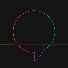 One line drawing of round speech bubble, Rainbow colors on black background vector minimalistic linear illustration made of continuous line