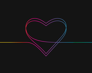 One line drawing of heart, Rainbow colors on black background vector minimalistic linear illustration of love concept made of continuous line