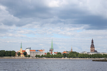 Fototapeta premium Cityscape view of old Riga buildings near river Daugava.