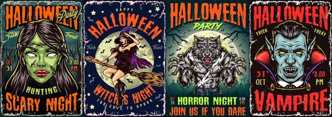 Halloween night colorful posters set