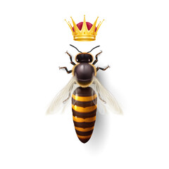 Realistic Bee Queen Mother with Golden Crown. Detailed Illustration of a Queen Bee on White Backdrop. Macro Insect, Concept of Food Industry, or Beekeeping