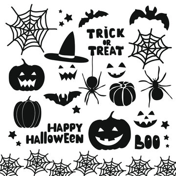 Black Halloween vector clipart set with pumpkin, Jack-o-lantern, spider, bat, witches hat and cobweb border. Monochrome spooky images for card or party invitation design.