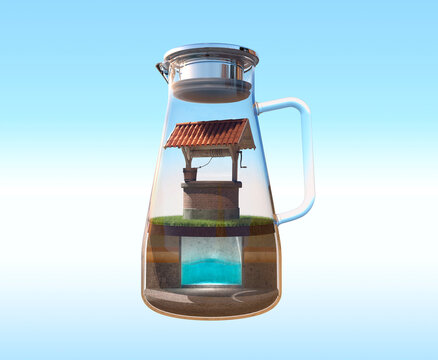 Well with drinking water in a glass jug with a handle