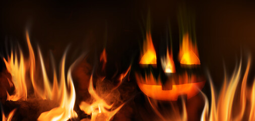 Dark abstract Halloween background. A fiery pumpkin head on a black background in a burning fire. 3d illustration