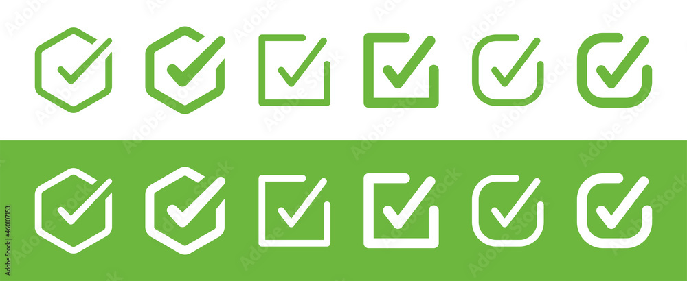 Poster green check mark icon set. tick or checkmark symbol collection.