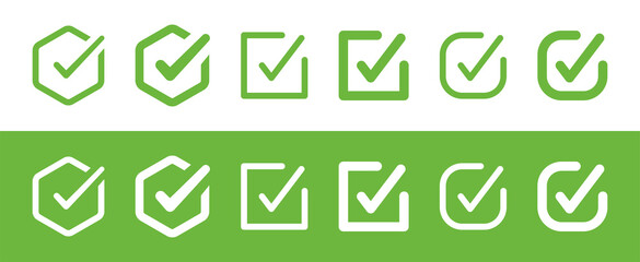 Green check mark icon set. Tick or checkmark symbol collection. © Icons-Studio