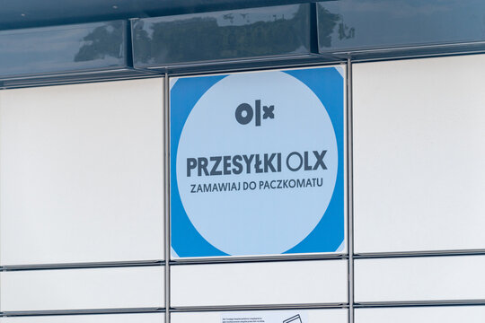 Gdansk, Poland - July 7, 2021: Logo and sign of OLX on parcel locker Paczkomat.