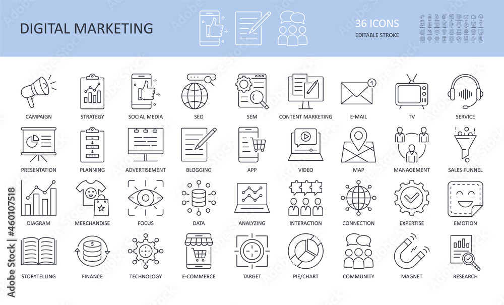 Fototapete digital marketing linear icons. editable stroke. campaign to promote focus search engine tv e-mail m