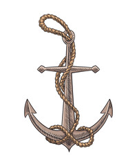 Anchor and rope sketch engraving vector illustration. Hand drawn print design image. Nautical symbol in vintage style. Retro drawing