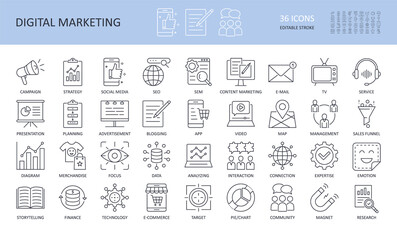Digital marketing linear icons. Editable stroke. Campaign to promote focus search engine TV e-mail management planning presentation. Social media advertisement strategy typescript service merchandise