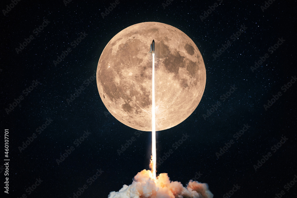 Fototapete Successful rocket launch into space on the background of a full moon with craters and stars. Spaceship shuttle lift off into outer space, start of space mission concept