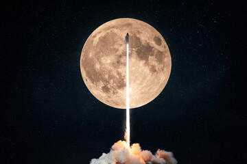 Successful rocket launch into space on the background of a full moon with craters and stars. Spaceship shuttle lift off into outer space, start of space mission concept - obrazy, fototapety, plakaty