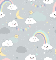Seamless, rainbow cloud vector pattern in neutral colors. A super sweet design for babies.
