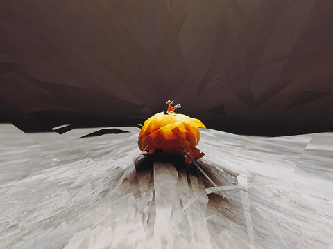 Unusual halloween - orange pumpkin on a concrete surface with the effect of broken glass, distorted space. Copy space.