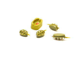 Plastic quick release mound and group of Inline flat feeder with swivel for carp fishing bait...