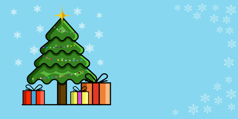 Naklejka premium vector image of Christmas tree with snowflakes and Christmas gifts, ideal for postcards, gifts presentations, banners and cartoons.