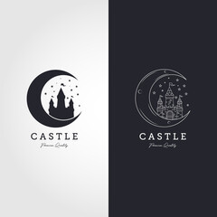 Vintage Castle line art logo vector illustration design, castle on the moon logo