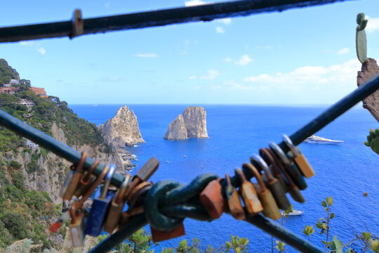 panoramic view of the Capri coastline with Faraglioni rocks, Capri Island, Italy