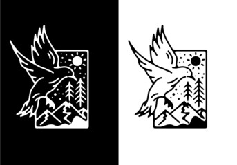 Black and white color of flying bird line art