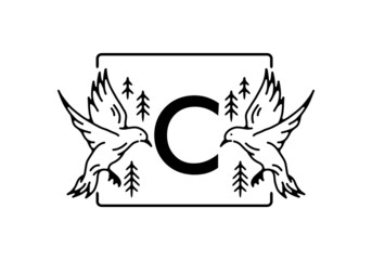Black color of bird line art with C initial letter
