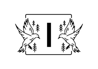 Black color of bird line art with I initial letter