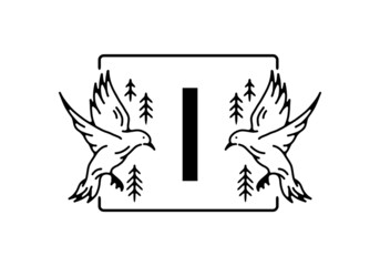 Black color of bird line art with I initial letter
