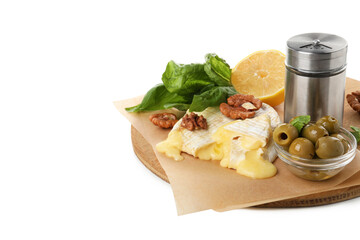 Concept of tasty food with grilled camembert isolated on white background