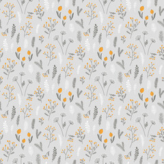 Vector seamless pattern with dry branches, grass and berries