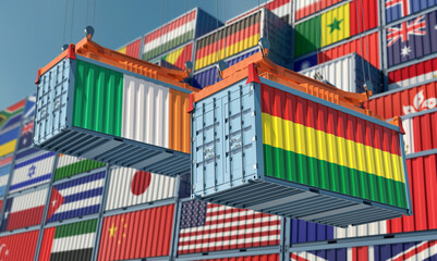 Freight containers with Bolivia and Ireland national flags. 3D Rendering 