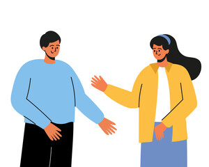 A man and a woman are talking, communicating. Two people met, talking, dialogue. Characters drawn by hand. Vector illustration