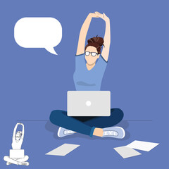 Beautiful cheerful young businesswoman working hard relax on laptop and papers. Online education, Lady multitasking business busy, businesswoman manager Flat vector illustration