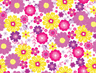 Fototapeta na wymiar Bright and cheerful floral pattern for school age girls. Fun and colorful seamless vector pattern great for surface designs.