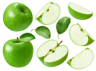 Fresh green apples set isolated on white background. Whole fruit , slices and leaves.