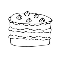 Hand-drawn cake with marshmallows in the doodle style. A simple vector image for coloring books, the Internet, messages, cafe or restaurant menus. A symbol of a holiday, wedding, birthday, New Year.  