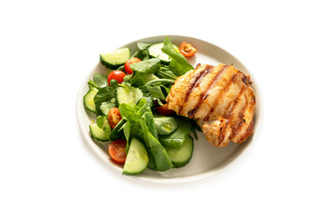 Healthy food, low carb diet. Grilled chicken meat and fresh salad in a plate, isolated on white, top view