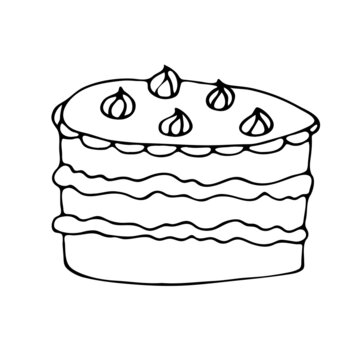 Hand-drawn cake with marshmallows in the doodle style. A simple vector image for coloring books, the Internet, messages, cafe or restaurant menus. A symbol of a holiday, wedding, birthday, New Year.  