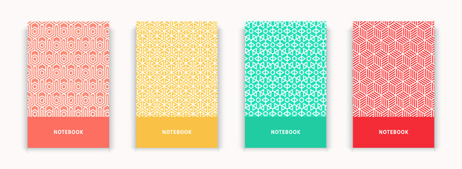 Collection 4 geometric geometry notebook cover design page repeat pattern, white lines on orange yellow green red background