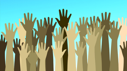 Fototapeta premium Raised up hands of different skin color vector illustration. Teamwork, collaboration, voting, volunteering concert. Diversity of human hands raised. Charity, crowd, workforce, community concept.