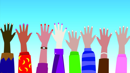 Obraz premium Diverse young people hands on isolated background. Teenager hand group with raised arm for celebration or friend community concept. Flat cartoon illustration of men and women arms.