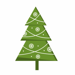 Obraz premium Green Christmas tree icon with snowflake, garland. Isolated on white background. Vector illustration